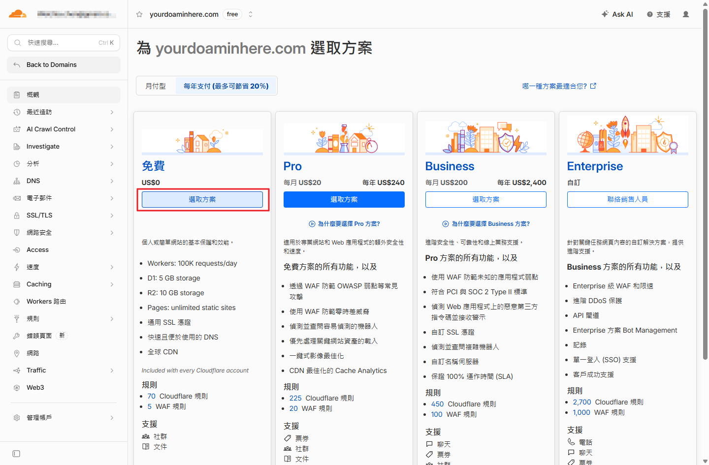 Cloudflare 免費、Pro、Business 與 Enterprise 四種方案的比較頁面